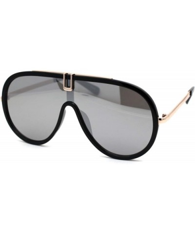 Retro Shield Plastic Racer Fashion Sunglasses - Black Gold Silver Mirror - CK18XUSKDD6 $8.25 Shield