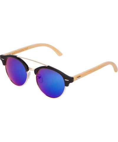Bamboo Wood Sunglasses for Men and Women - Retro Round Wooden Sunglasses - Blue - C918WMD8TDE $11.08 Semi-rimless