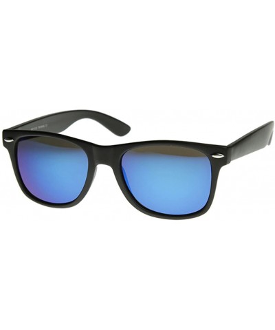 8025b Retro Matte Black Horned Rim Flash Colored Lens Sunglasses- Black Blue- 50mm - CL11NZNKLFF $6.65 Wayfarer